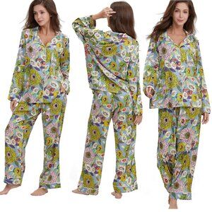 Silk Satin Pajamas Set Button Down 2 Piece Pjs Long Sleeve Oversized Sleepwear